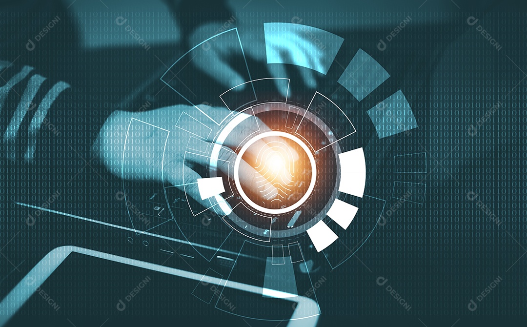 Homem tocando impressão digital com global virtual com segurança cibernética IA