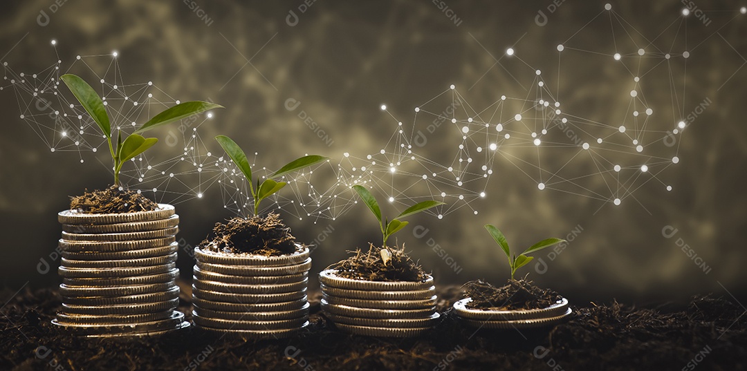 Pilha de moedas e folha com negócios de gráfico de linha conectados em fundo natural IA