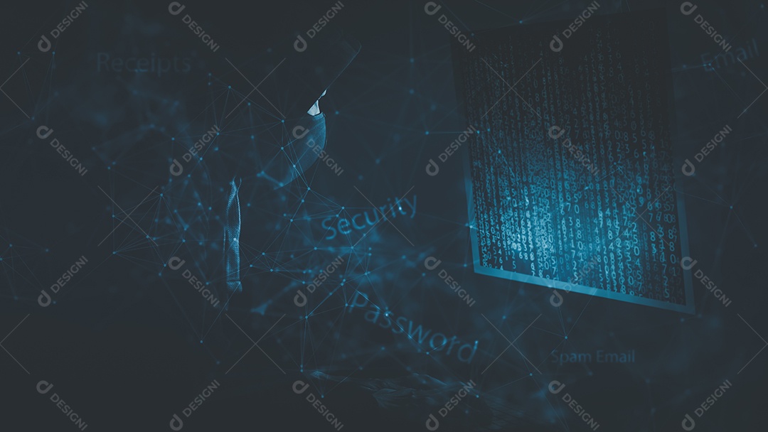 O homem hacker está usando um teclado de digitação manual e código de tela de uma tela de mídia no fundo branco IA