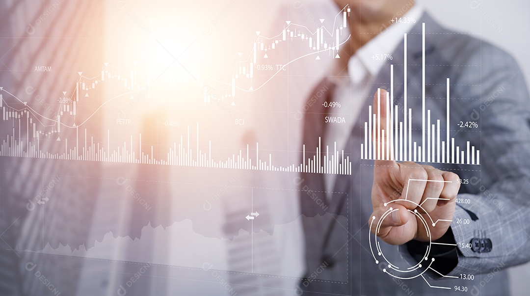 Linha de tela sensível ao toque de mão do mercado de ações ou gráfico de negociação forex e gráfico de velas adequado para conceito de investimento financeiro IA