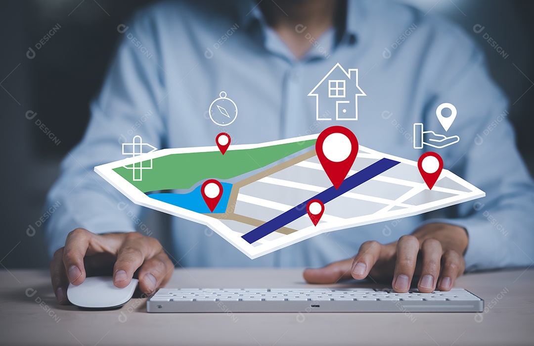 Mão de empresário segurando um mundo virtual e um mapa modelo com ponto de localização IA