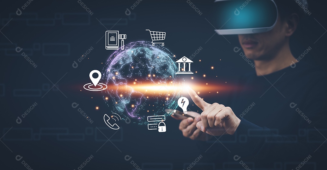 Homem usando óculos de realidade virtual conexão global de internet metaverso rede IA