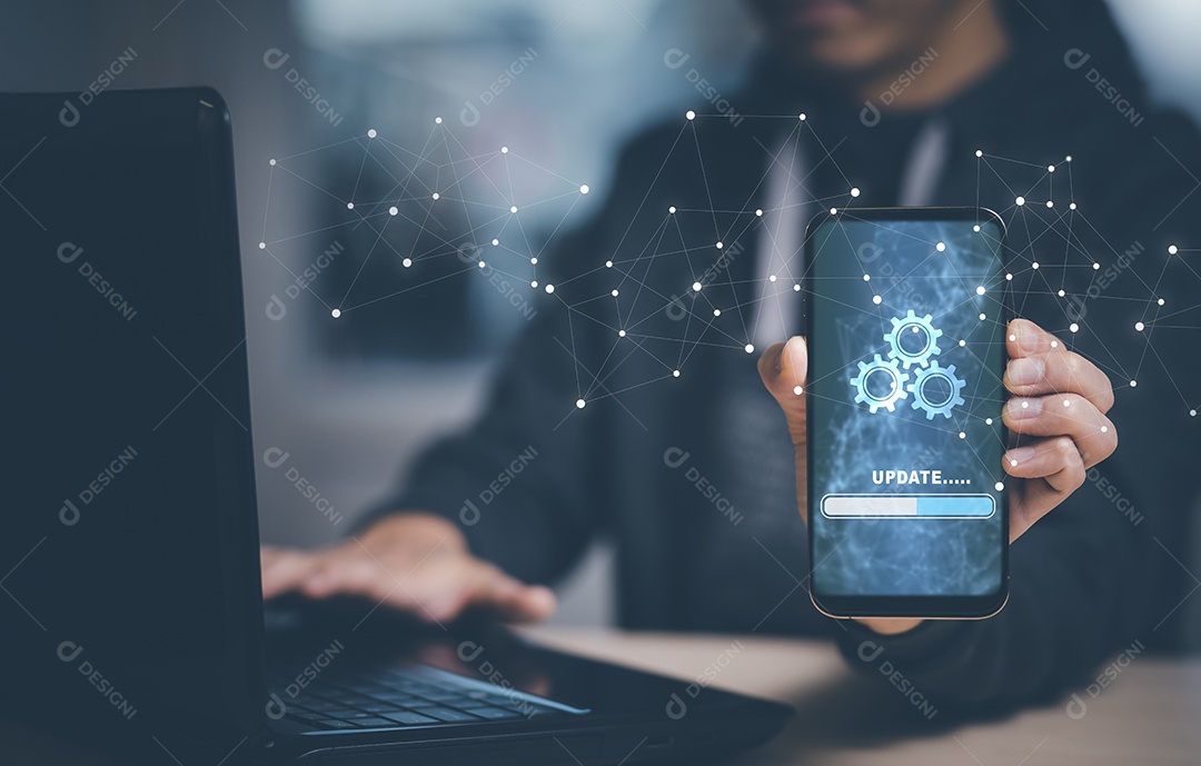 Smartphone e cubo de bloco de madeira atualização de software atualização de programa de computador estagiário de tecnologia empresarial IA