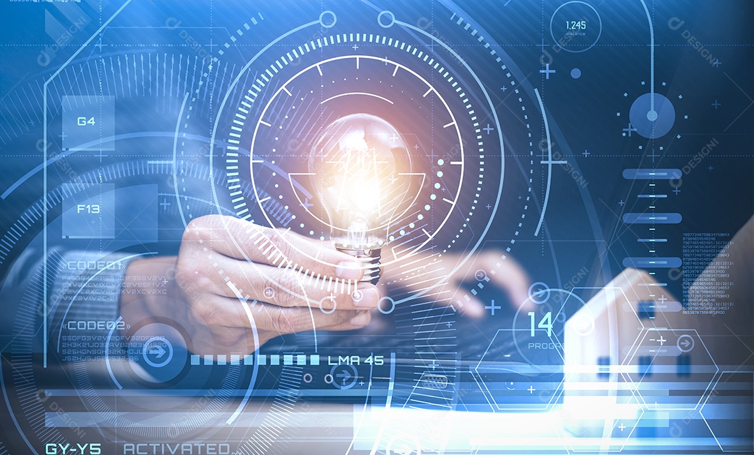 Empresa segurando lâmpada ideia inovadora de inspiração da tecnologia online IA