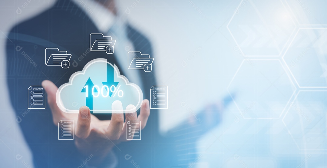 Mão de empresário toca pasta do sistema de gerenciamento de documentos IA