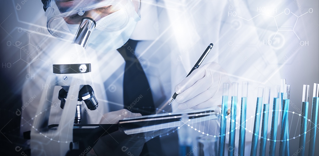 Cientista de pesquisa bioquímica trabalhando com um microscópio para o vírus gerado pela IA