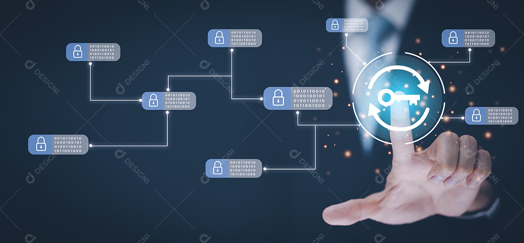 Ícone de mão segurando chaves com tecnologia Blockchain no fundo preto IA