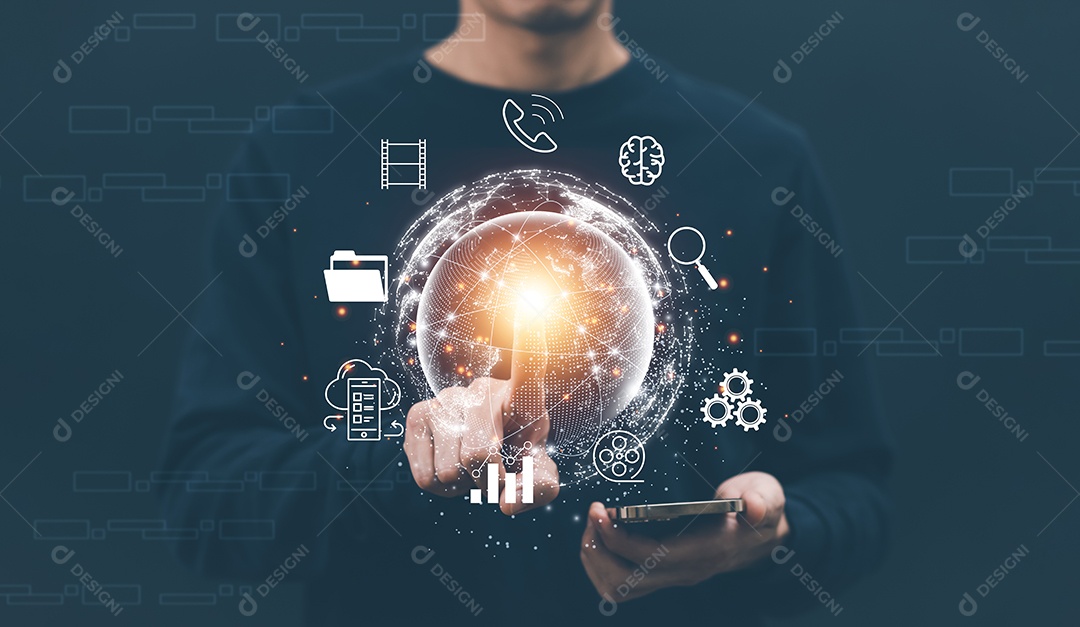 Metaverso com conceito de negócio homem usando computador e globo virtual de toque com ícones financeiros tecnologia futura IA