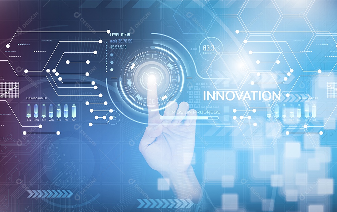 Mão de empresário tocando seta tela virtual gráfico de negócios no fundo preto IA