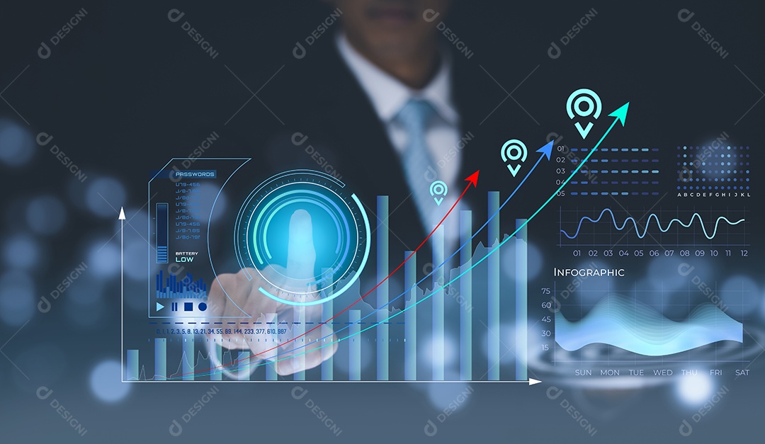 Mão de empresário tocando seta tela virtual gráfico de negócios no fundo preto IA