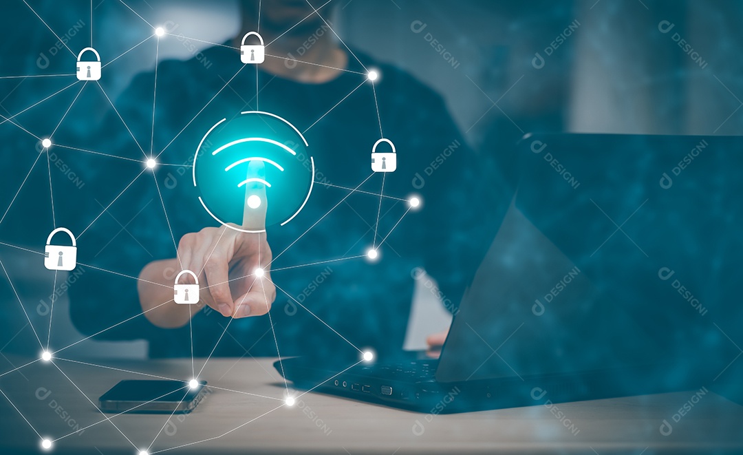 Smartphone com ícone de segurança no display virtual IA