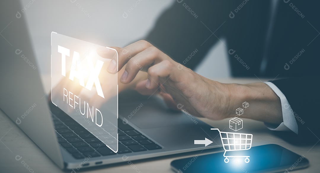 Mão usando leptop com barra e reembolso de imposto de imposto de negócios IA