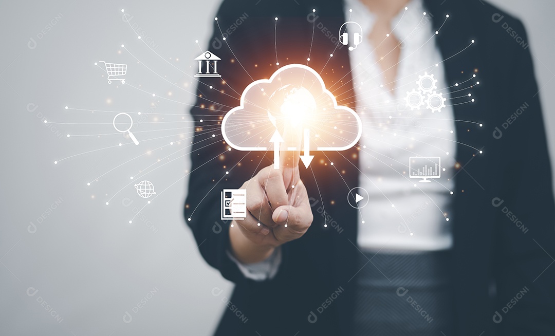 Mulher toca linha conecta-se a informações de dados na rede de armazenamento de Internet de tecnologia de computação em nuvem IA