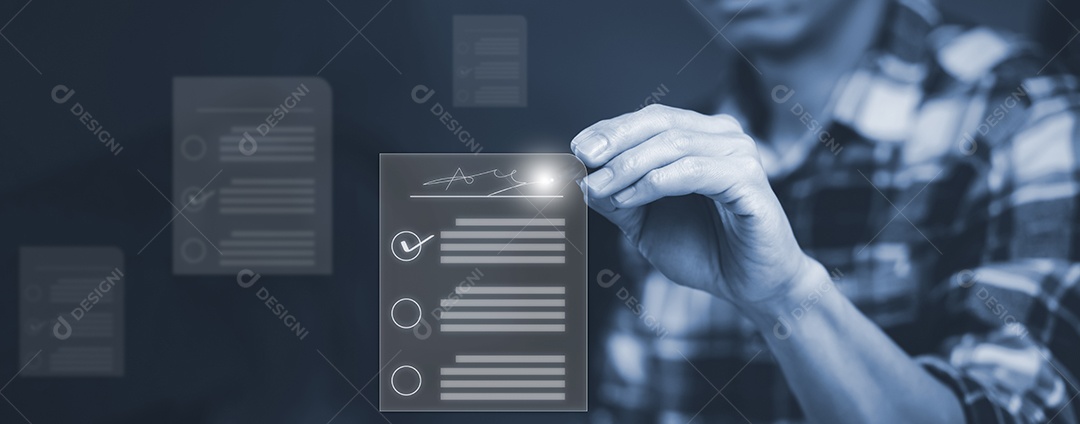 Empresário usando caneta escreve pasta do sistema de gerenciamento de documentos IA