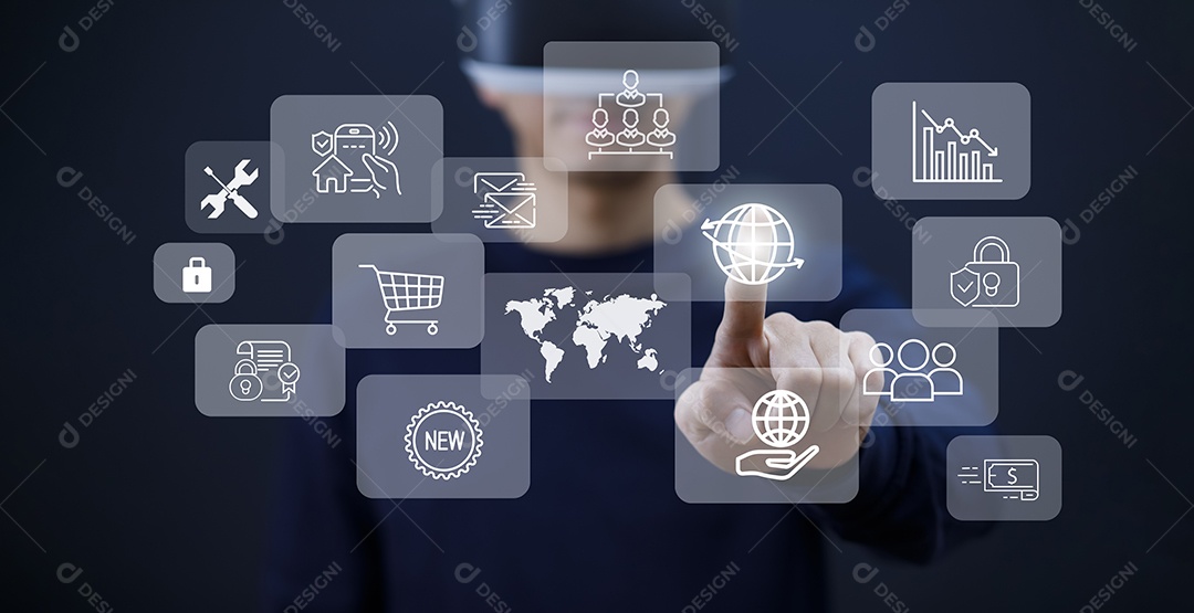 Novo metaverso com conceito de negócio de ícones IA