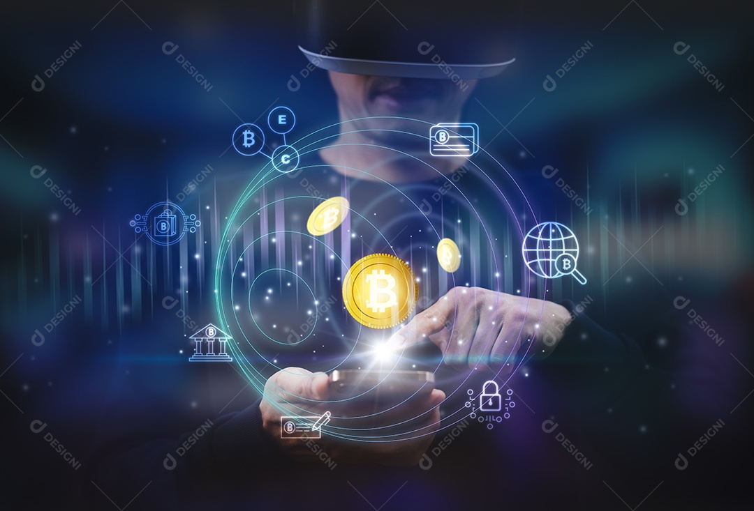 Mão de homem segurando bitcoins como parte de uma rede de negócios em fundo dourado IA