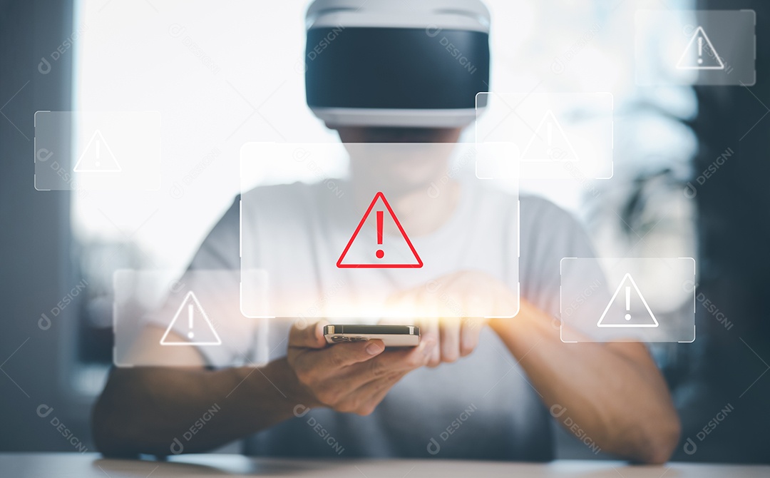 Homem usando óculos de realidade virtual conexão global de internet metaverso rede IA