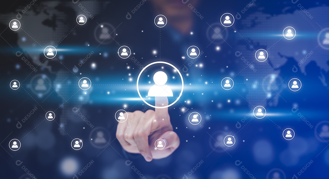 Empresário toca em RH Humano ícone de pessoas na tela do gráfico de uma tela de mídia IA