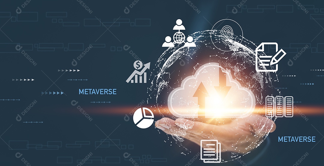 Homem tocando conectar-se a informações de dados na tecnologia de computação em nuvem Conceito de rede de armazenamento na Internet E um grande banco de dados de big data Por meio da tecnologia da Internet IA