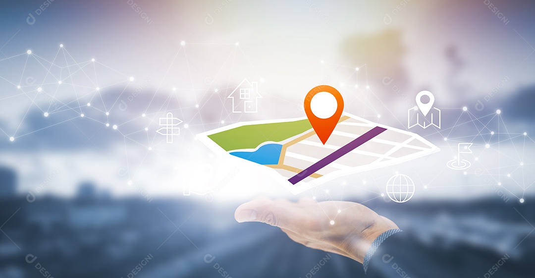 Mão segurando um mapa virtual do mundo e modelo com ponto de localização IA