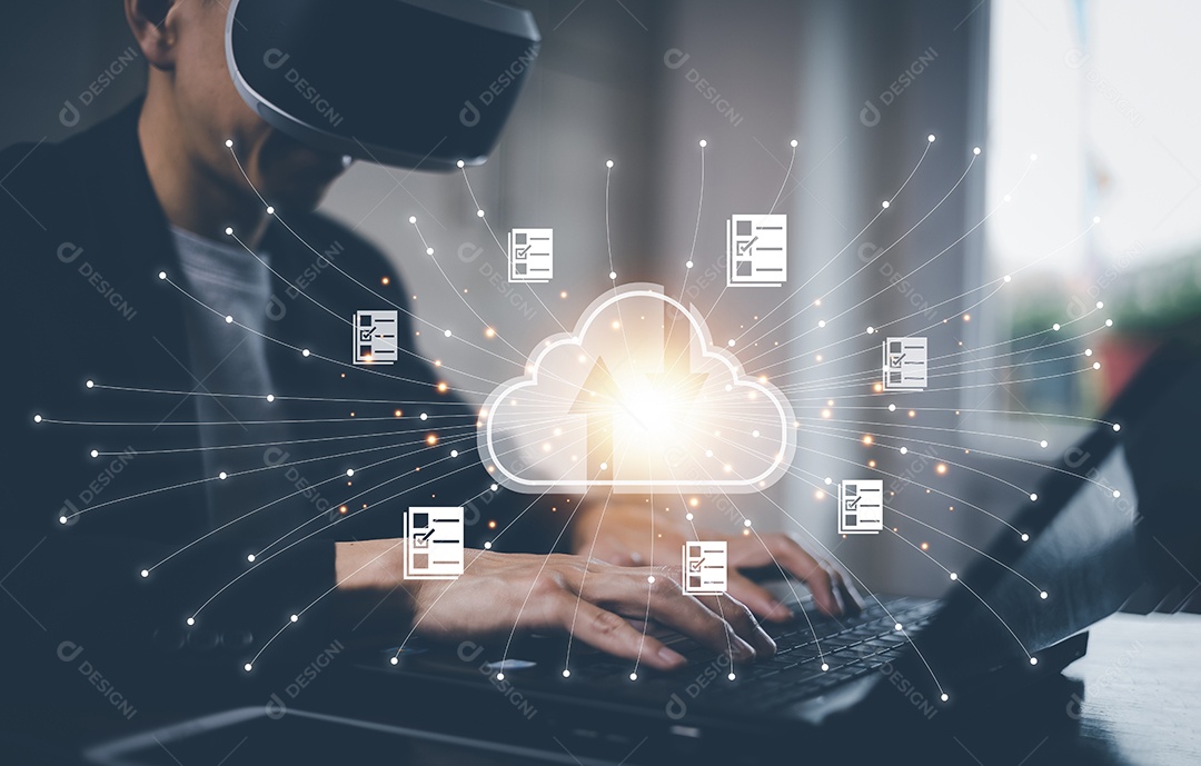 Homem tocando conectar-se a informações de dados na tecnologia de computação em nuvem Conceito de rede de armazenamento na Internet E um grande banco de dados de big data Por meio da tecnologia da Internet IA