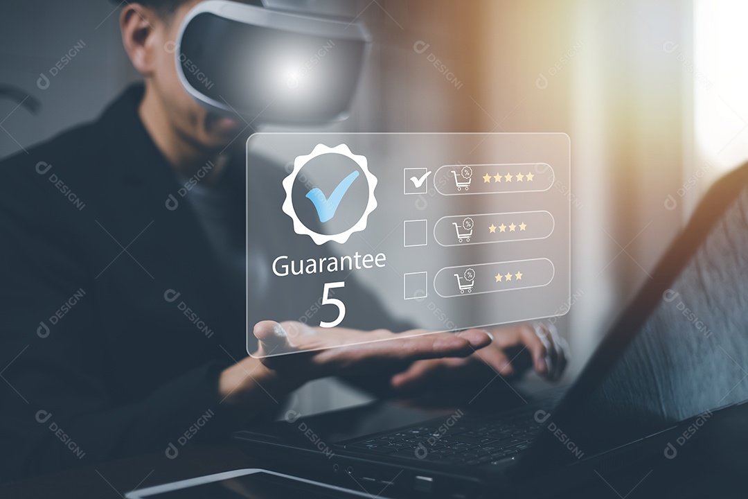 Mão do empresário mostra o sinal do serviço de qualidade superior Garantia em fundo preto IA