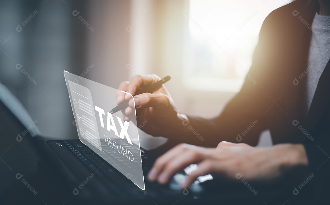 Mão usando tablet com barra de reembolso de imposto de imposto de negócios gráfico IA