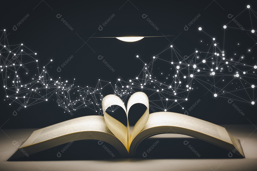 Livro dobrável em forma de coração no cenário bokeh dourado IA