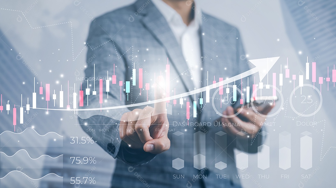 Mão de empresário tocando seta tela virtual gráfico de negócios no fundo preto IA