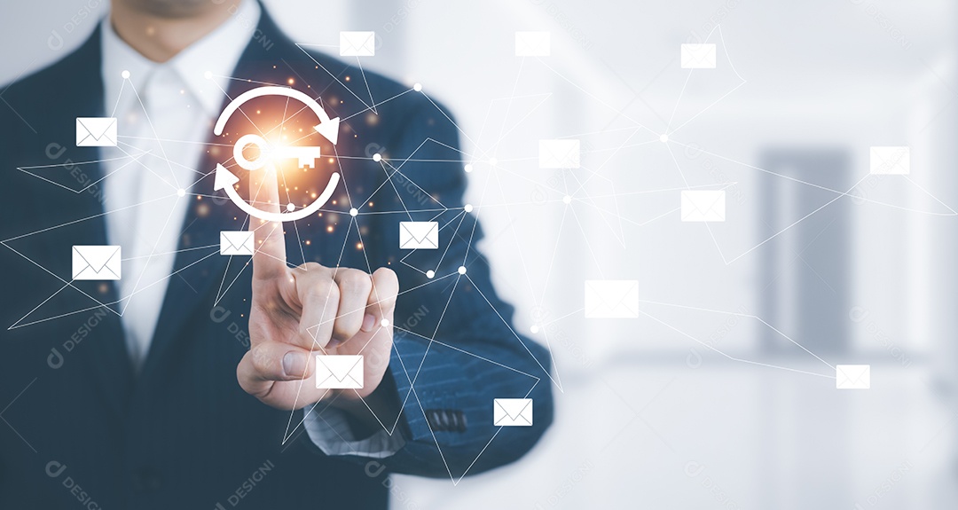 Empresário tocando no ícone da tela do gráfico de uma tela de mídia IA