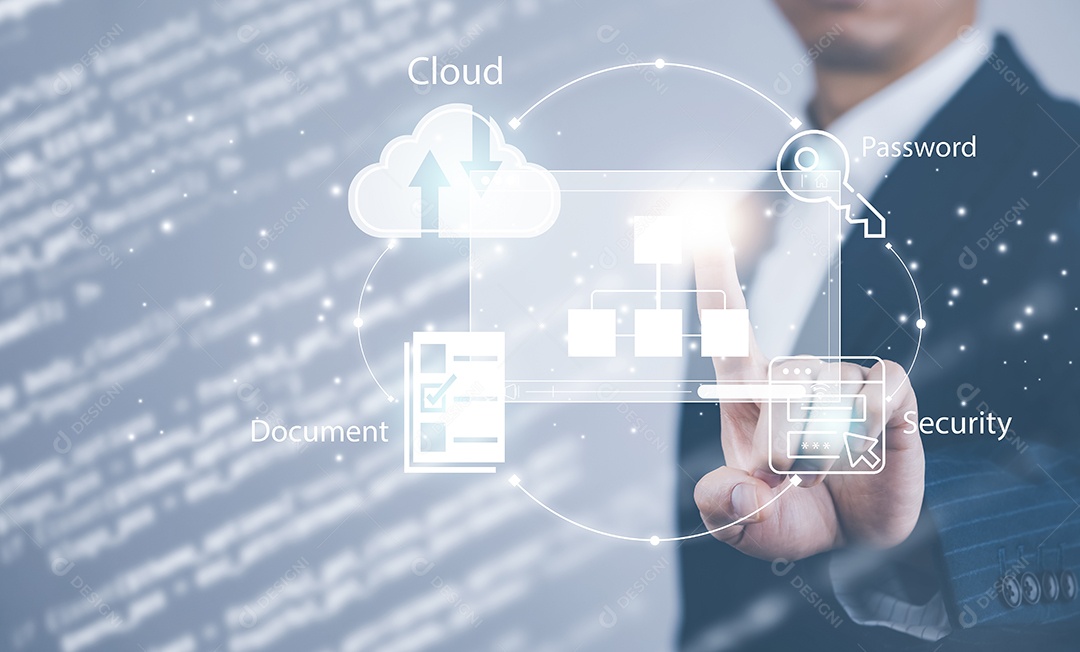 Empresário tocando no ícone da tela do gráfico de uma tela de mídia IA