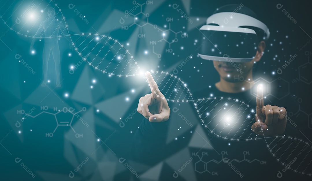 Empresário toca apresentando pesquisa de molécula de DNA no conceito de fundo branco IA