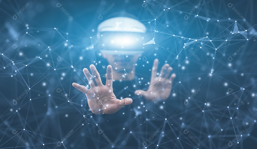 Homem usando óculos de realidade virtual gráfico de toque Ícone de tela de uma tela de mídia IA