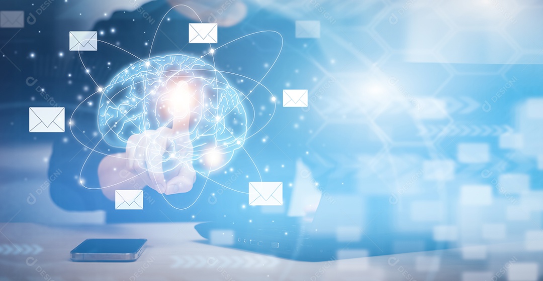 Empresário toca cérebro 3d com e-mail pressionando laptop IA