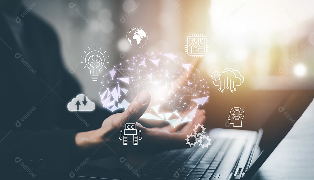 Negócios usando laptop e globo virtual com ícones financeiros tecnologia futura IA