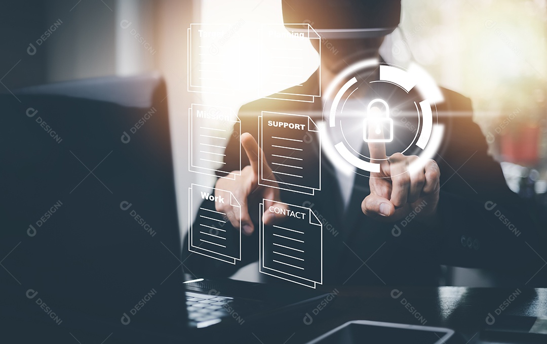 Mão usando laptop e pasta de toque do Sistema de Gerenciamento de Documentos IA