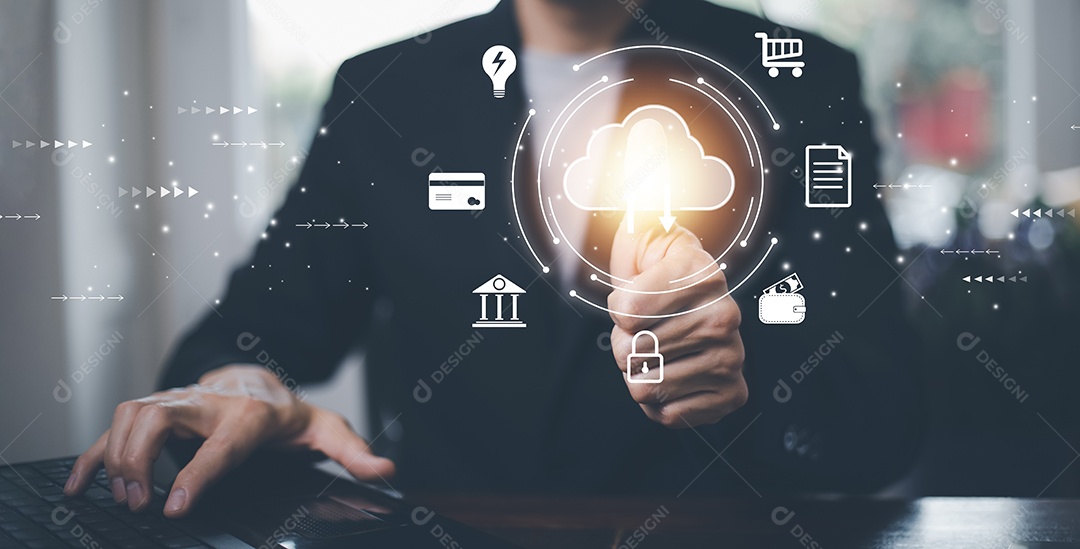 Empresário usando laptop com computação em nuvem e conceito de armazenamento online de ícones IA