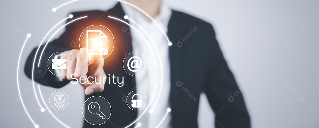 Empresário toque gráfico sistema de proteção segurança cibernética IA