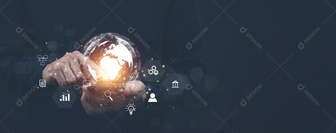 Mão de negócios segurando um globo virtual com ícones financeiros tecnologia futura IA