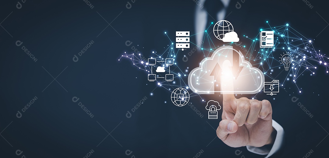 Homem tocando conectar-se a informações de dados no estagiário de tecnologia de computação em nuvem IA