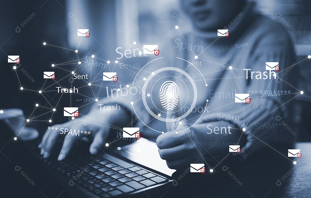 Empresário tocando um e-mail em uma tela sensível ao toque com o dedo com teclado para enviar o e-mail do laptop IA