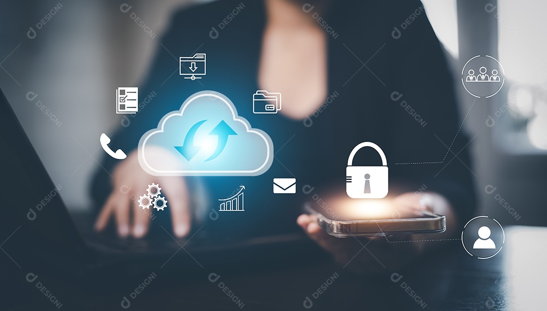 Mão usando smartphone com chaves conecta-se a informações de dados no conceito de rede de armazenamento de Internet de tecnologia de computação em nuvem IA