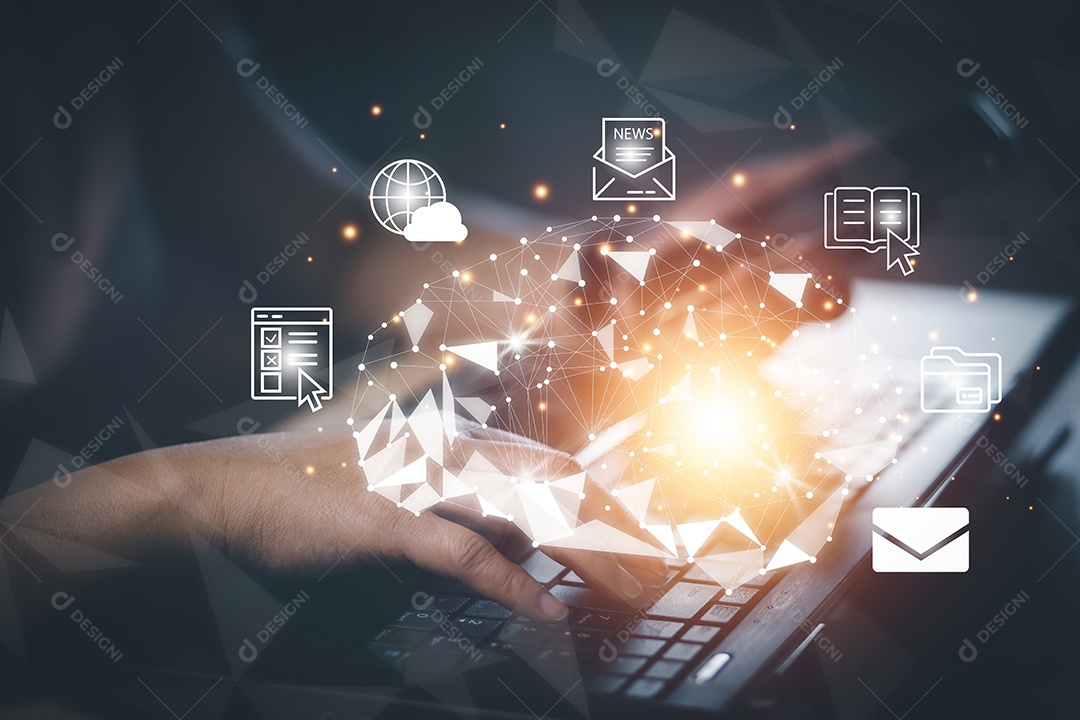 IA com conceito de negócios de ícones usando laptop e globo virtual com ícones financeiros tecnologia futura IA