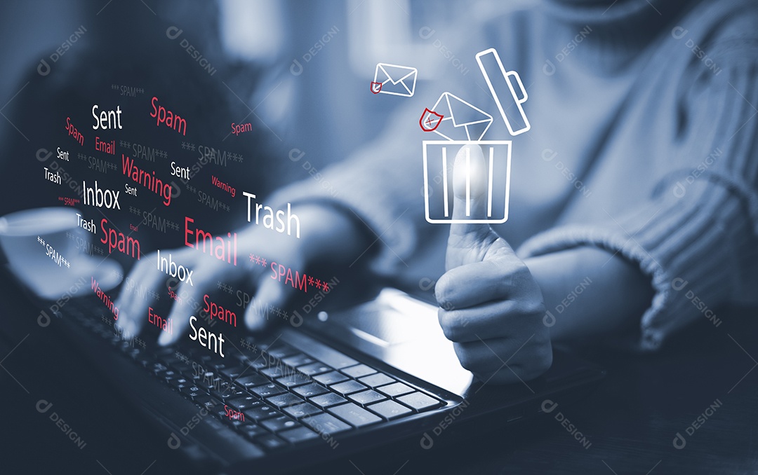 Spam de e-mail com laptop e conceito de segurança de internet contra vírus IA