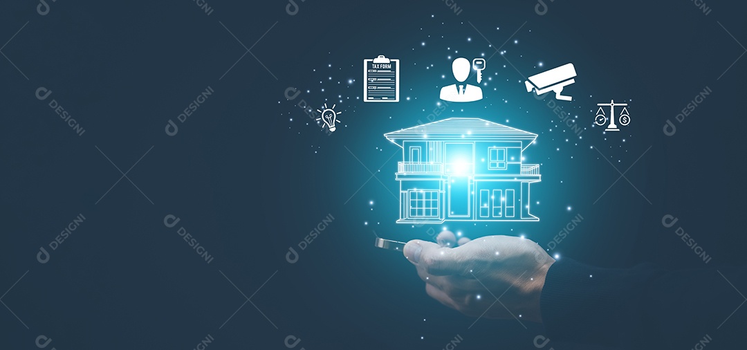 Mão segura smartphone com ícone de casa e segurança IA