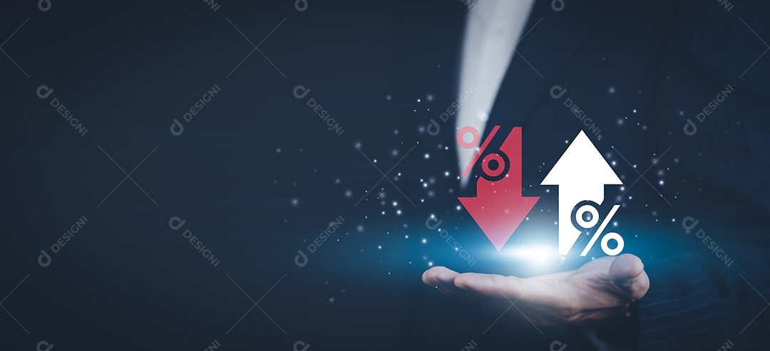 Conceito Desconto e venda holograma comissão empresário em fundo desfocado segurando a mão % desconto IA