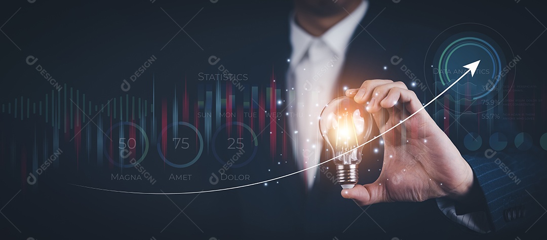 Conceito criativo e pensativo feche a lâmpada e a mulher trabalhando na mesa IA