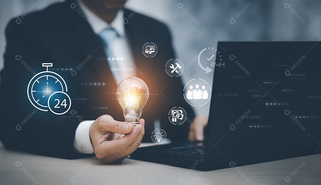 Conceito criativo e pensativo feche a lâmpada e a mulher trabalhando na mesa IA