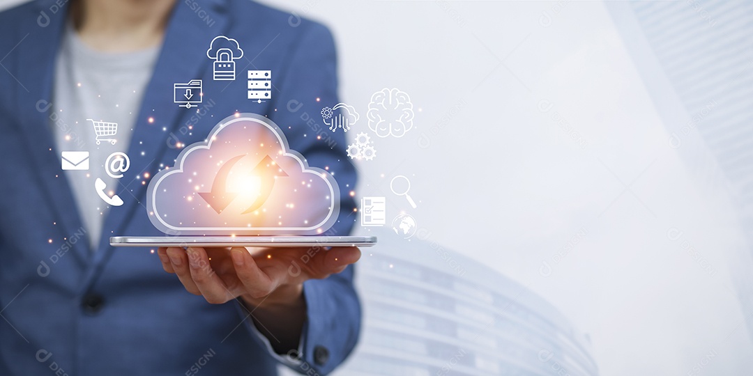 Empresário mão segura informações de dados sobre o conceito de rede de armazenamento de Internet de tecnologia de computação em nuvem e um grande banco de dados de big data por meio da tecnologia da Internet IA