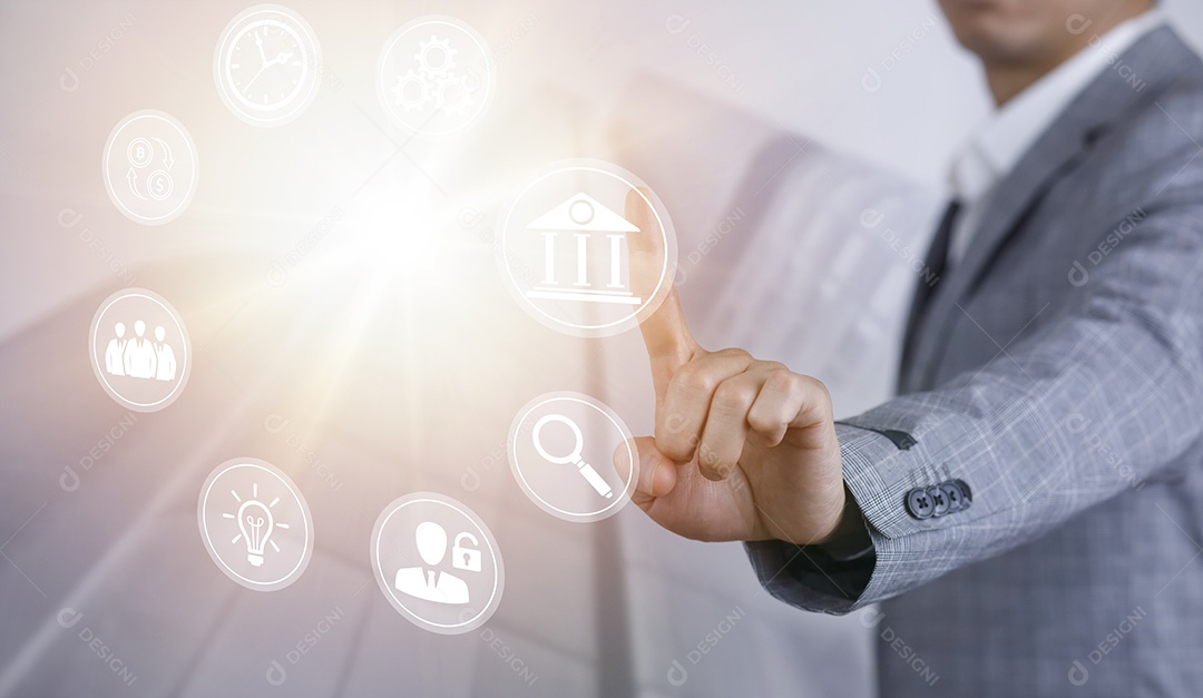 Empresário touchscreen no gráfico Ícone de tela de uma tela de mídia IA